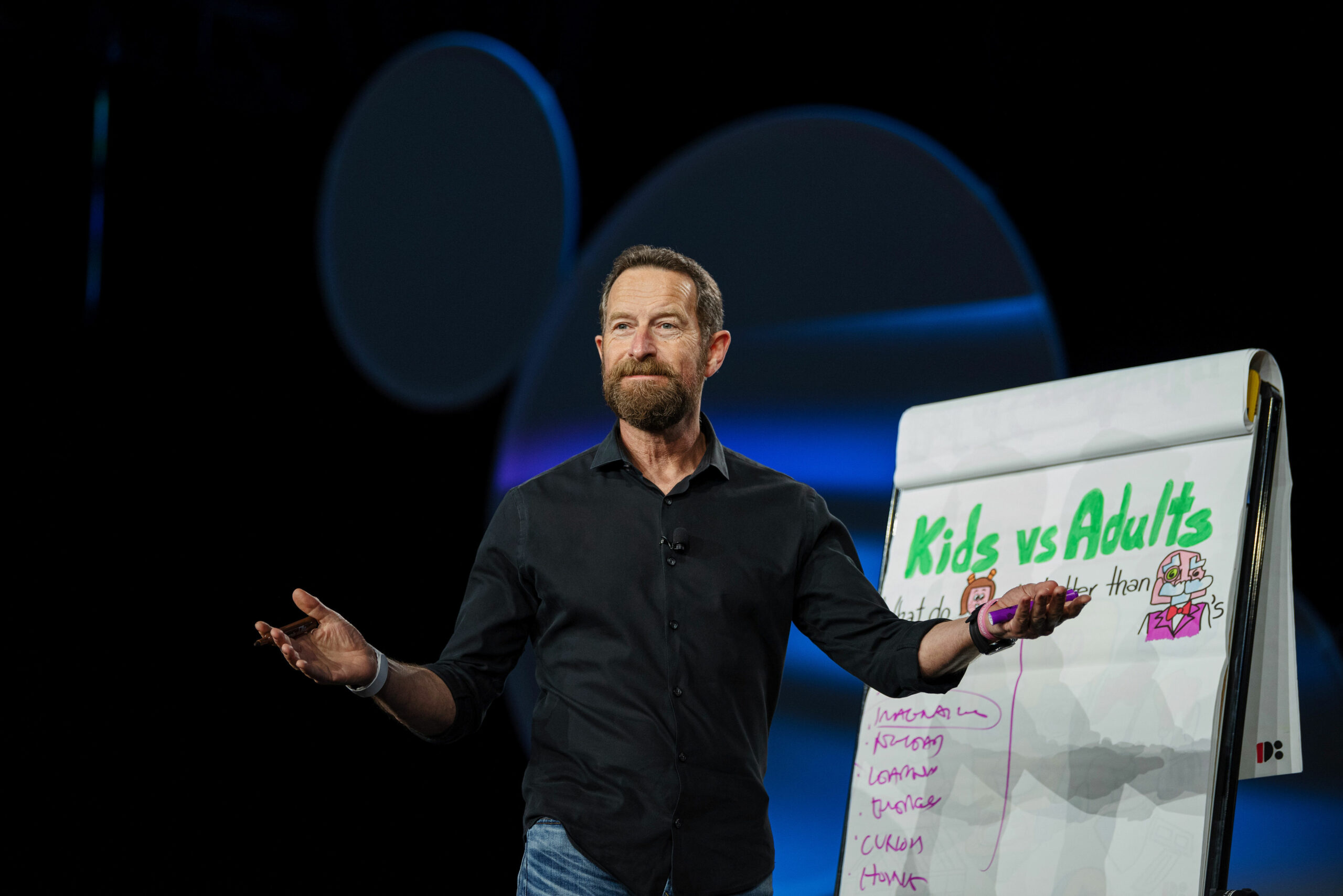 A man with a beard, wearing a black shirt and jeans, stands on stage gesturing with open arms next to a flip chart titled Kids vs Adults with drawings and a list written underneath.