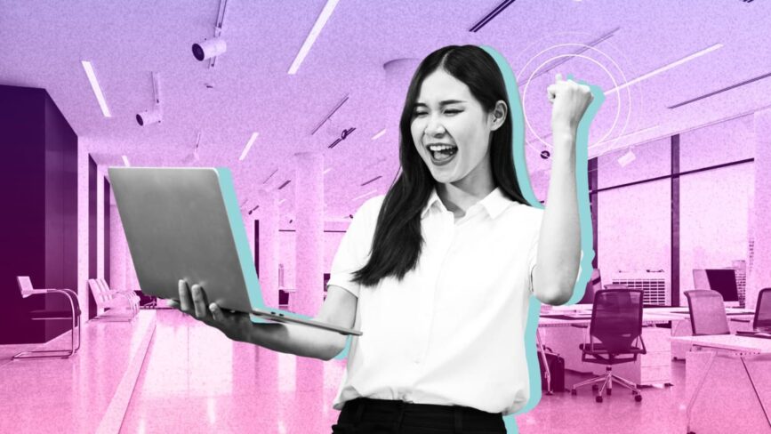 A woman stands in a modern office holding a laptop, smiling and raising her fist in excitement. The image has a purple and pink color overlay with a vibrant, dynamic atmosphere, capturing the power of network connections and success.