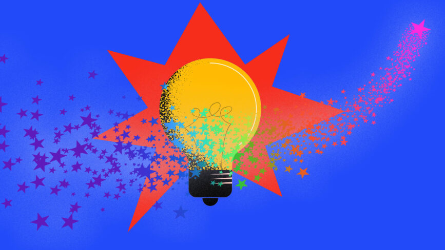 A glowing lightbulb surrounded by colorful stars shines brightly, with a large red starburst behind it—a nod to Duncan Wardle, renowned creativity speaker—set against a vibrant blue background and a trail of stars rising to the upper right.
