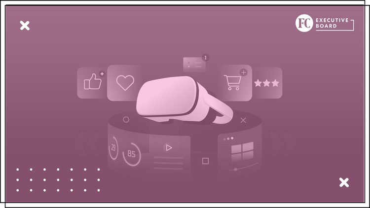 A virtual reality headset surrounded by digital icons, including a heart, thumbs up, shopping cart, and stars, with the FC Executive Board logo in the top right corner.
